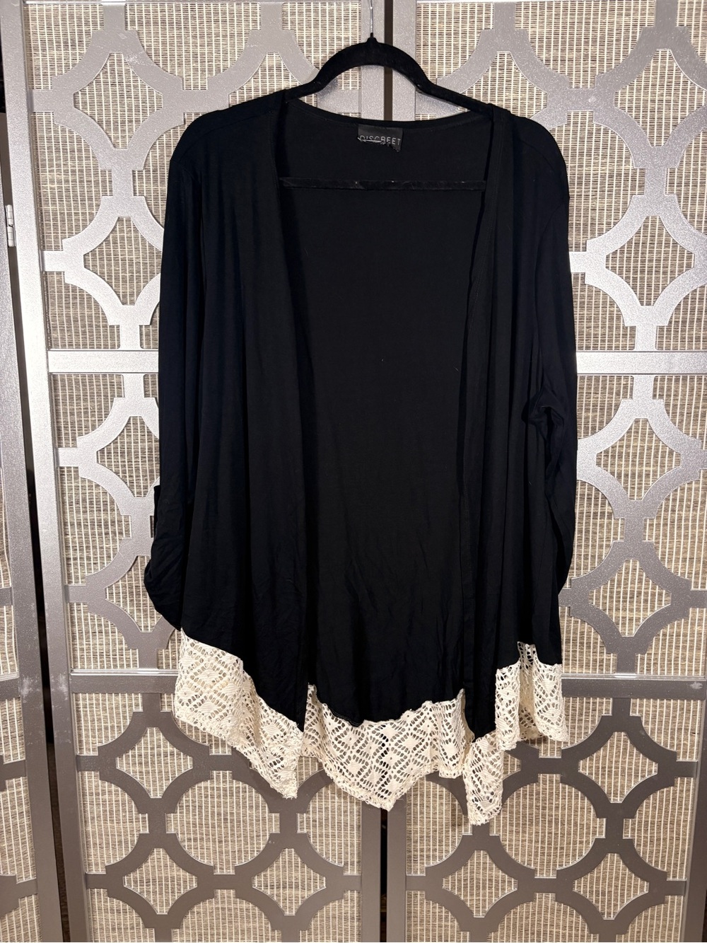 Discreet Black Cardigan with Cream Crochet Hem size cut out estimated size XL